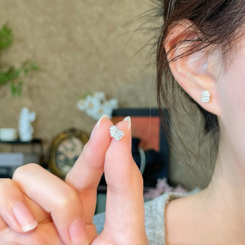 Emerald & Pear Cut Lab Grown Diamond Two-Stone Stud Earrings| 18K White Gold