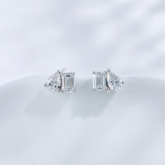 Emerald & Pear Cut Lab Grown Diamond Two-Stone Stud Earrings| 18K White Gold