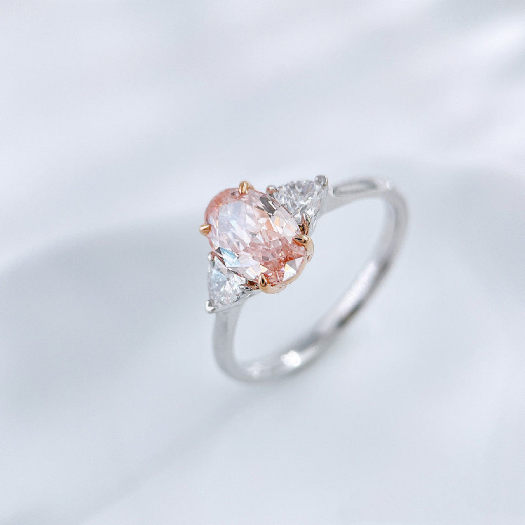 Blush Pink Oval Lab Diamond Three Stone Ring | Bridal Promise Jewelry | 18K Gold