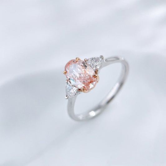 Blush Pink Oval Lab Diamond Three Stone Ring | Bridal Promise Jewelry | 18K Gold