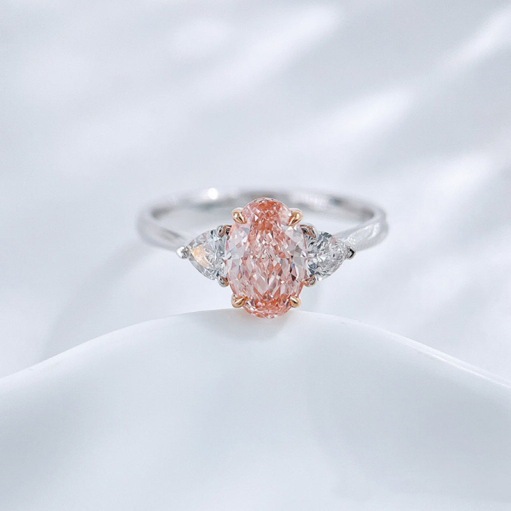 Blush Pink Oval Lab Diamond Three Stone Ring | Bridal Promise Jewelry | 18K Gold