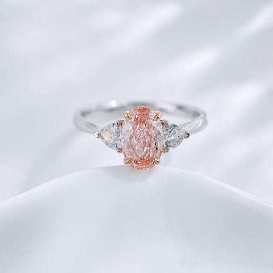 Blush Pink Oval Lab Diamond Three Stone Ring | Bridal Promise Jewelry | 18K Gold
