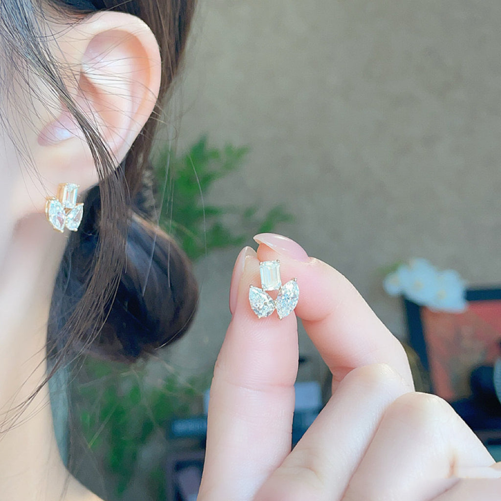 Emerald & Pear Cut Lab Diamond Cluster Studs | Everyday Luxury Earrings |18K Gold