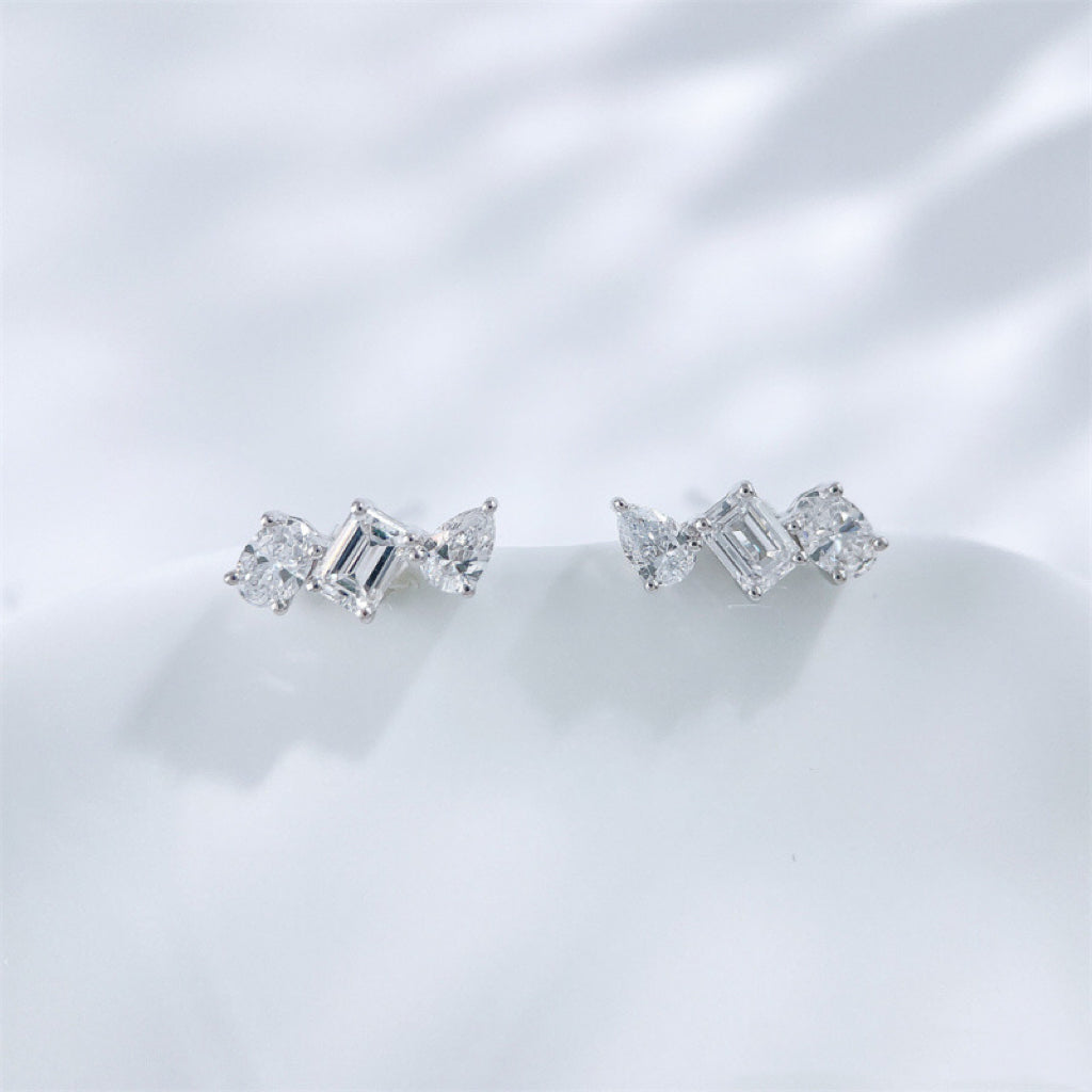 Emerald & Pear Cut Lab Diamond Cluster Studs | Everyday Luxury Earrings | 18K White Gold
