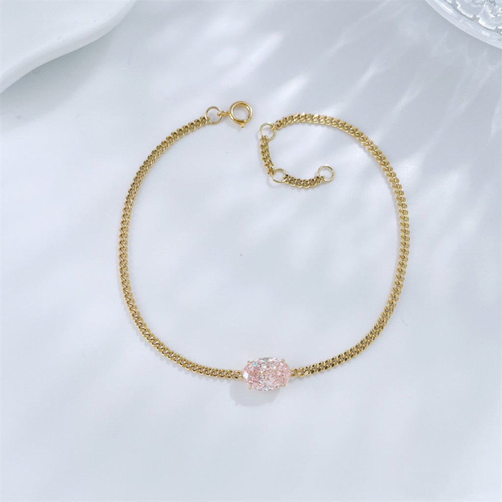 18K Solid Gold 1.31CT Oval Lab Grown Pink Diamond Cuban Chain Bracelet