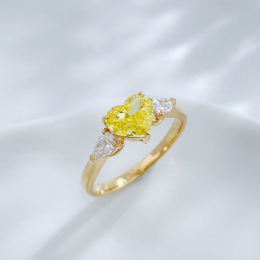 18K Solid Gold Heart Cut Lab Grown Yellow Diamond Three Stone Engagement Ring