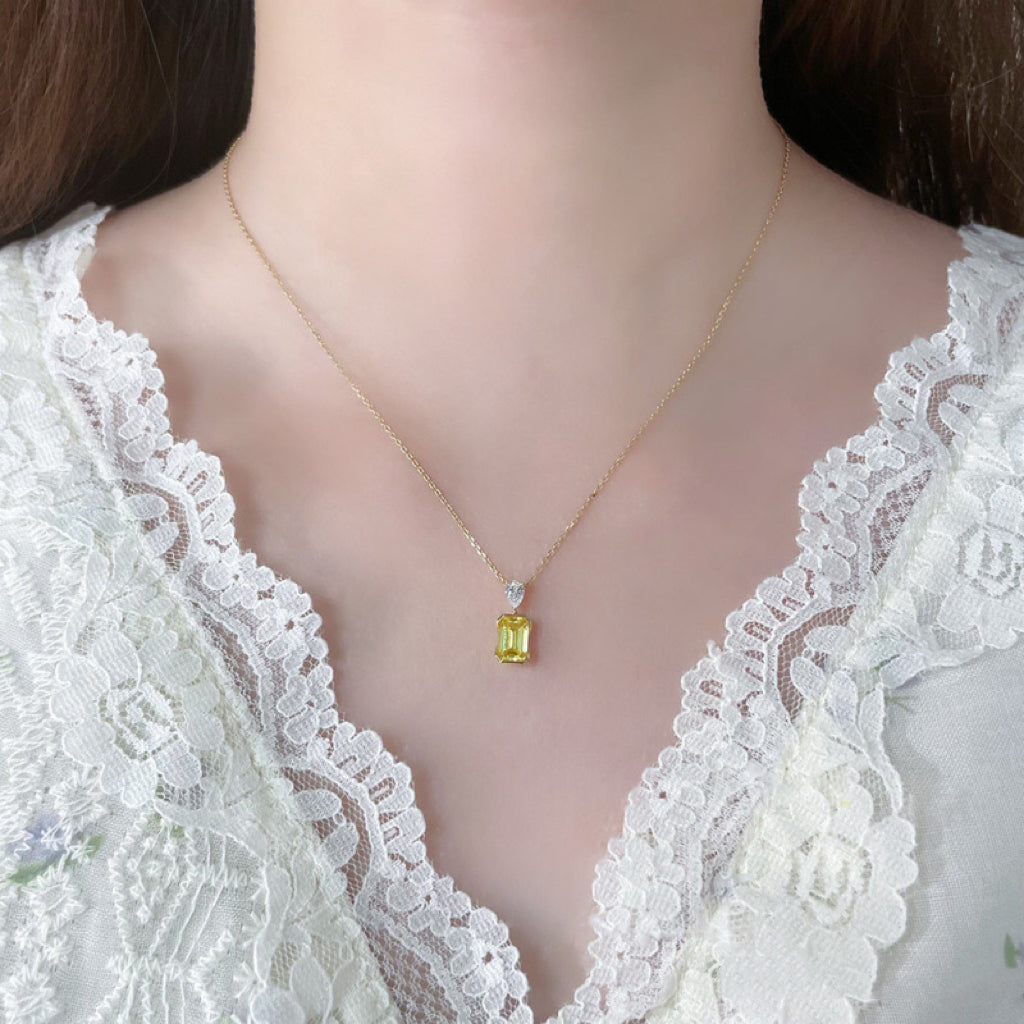 Emerald Cut Lab Grown Yellow Diamond Two Stone Pendant Necklace | 18K Solid Gold