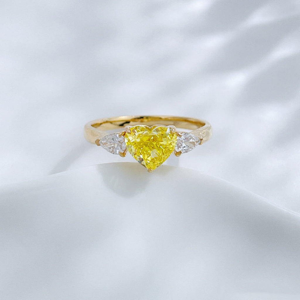 18K Solid Gold Heart Cut Lab Grown Yellow Diamond Three Stone Engagement Ring