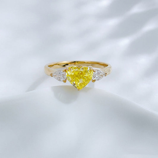 18K Solid Gold Heart Cut Lab Grown Yellow Diamond Three Stone Engagement Ring