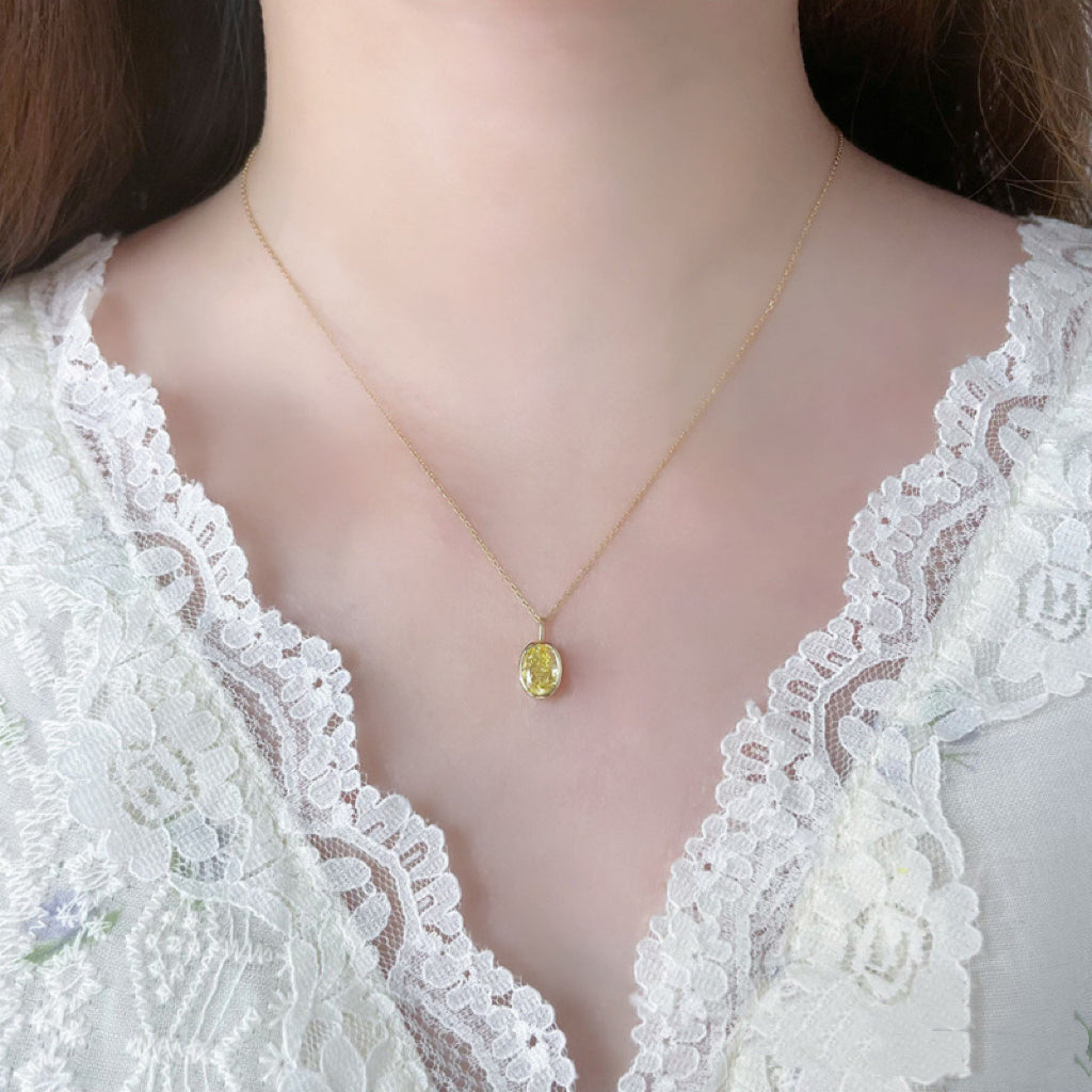 Oval Cut Bezel Set Lab Grown Yellow Diamond Pendant Necklace | 18K Solid Gold