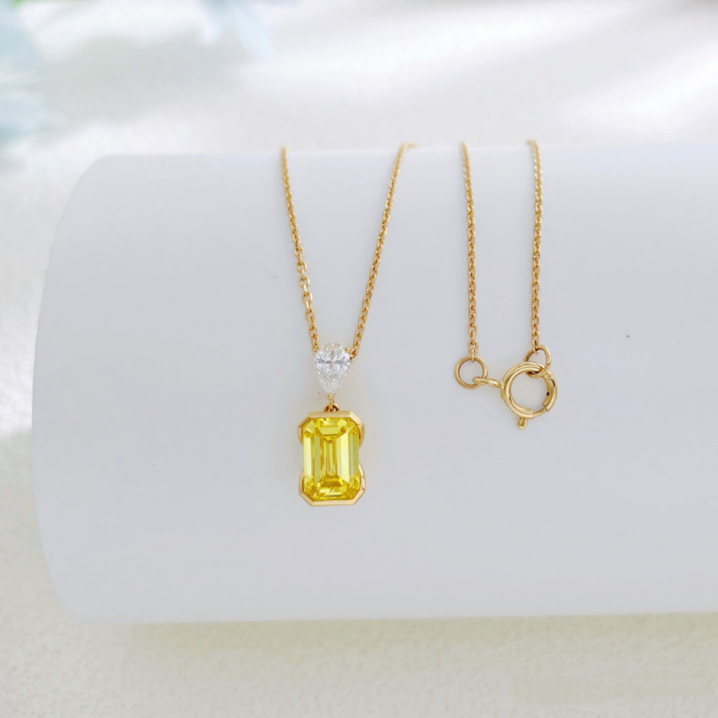 Emerald Cut Lab Grown Yellow Diamond Two Stone Pendant Necklace | 18K Solid Gold