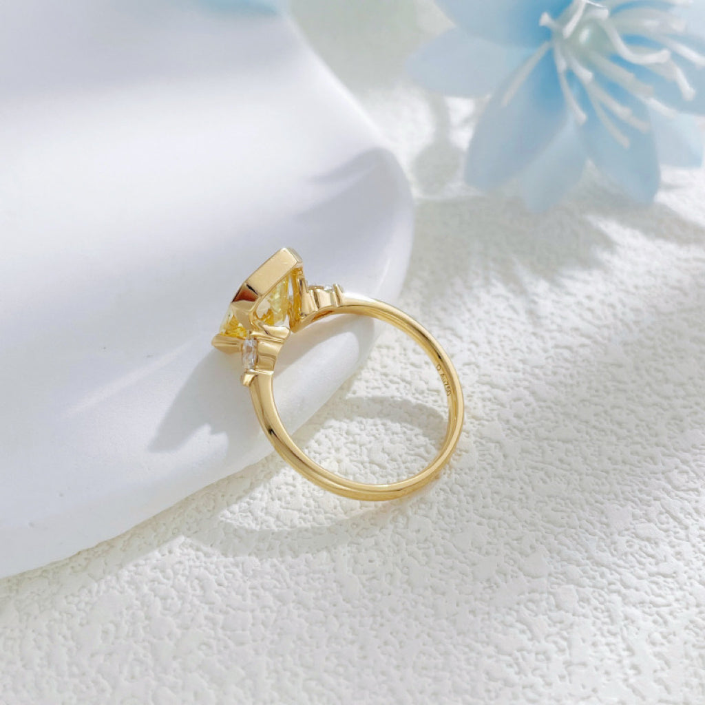 18K Solid Gold Heart Cut Lab Grown Yellow Diamond Three Stone Engagement Ring