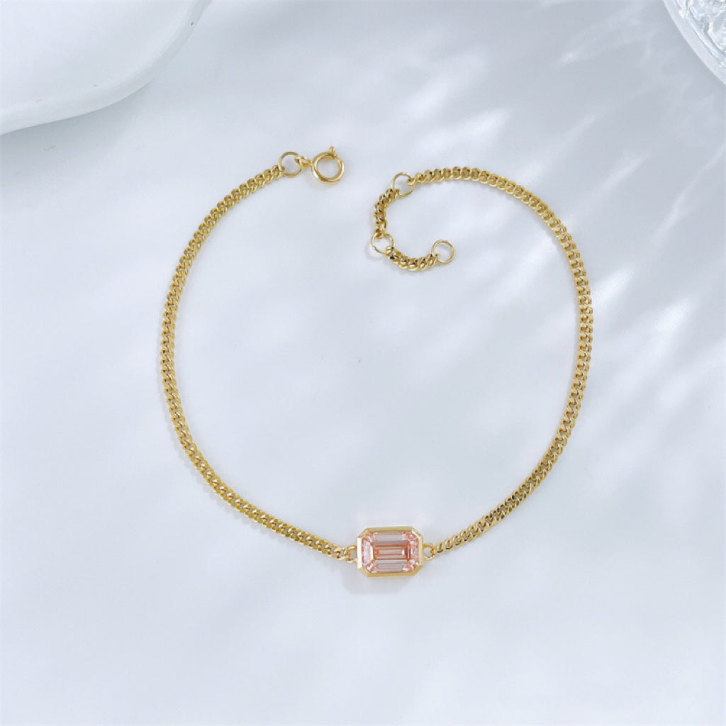 Emerald Cut Bezel Set Lab Grown Pink Diamond Cuban Chain Bracelet| 18K Gold