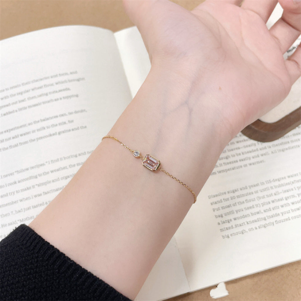 Emerald Cut Bezel Set Lab Grown Pink Diamond Two Stone Dainty Chain Bracelet| 18K Gold