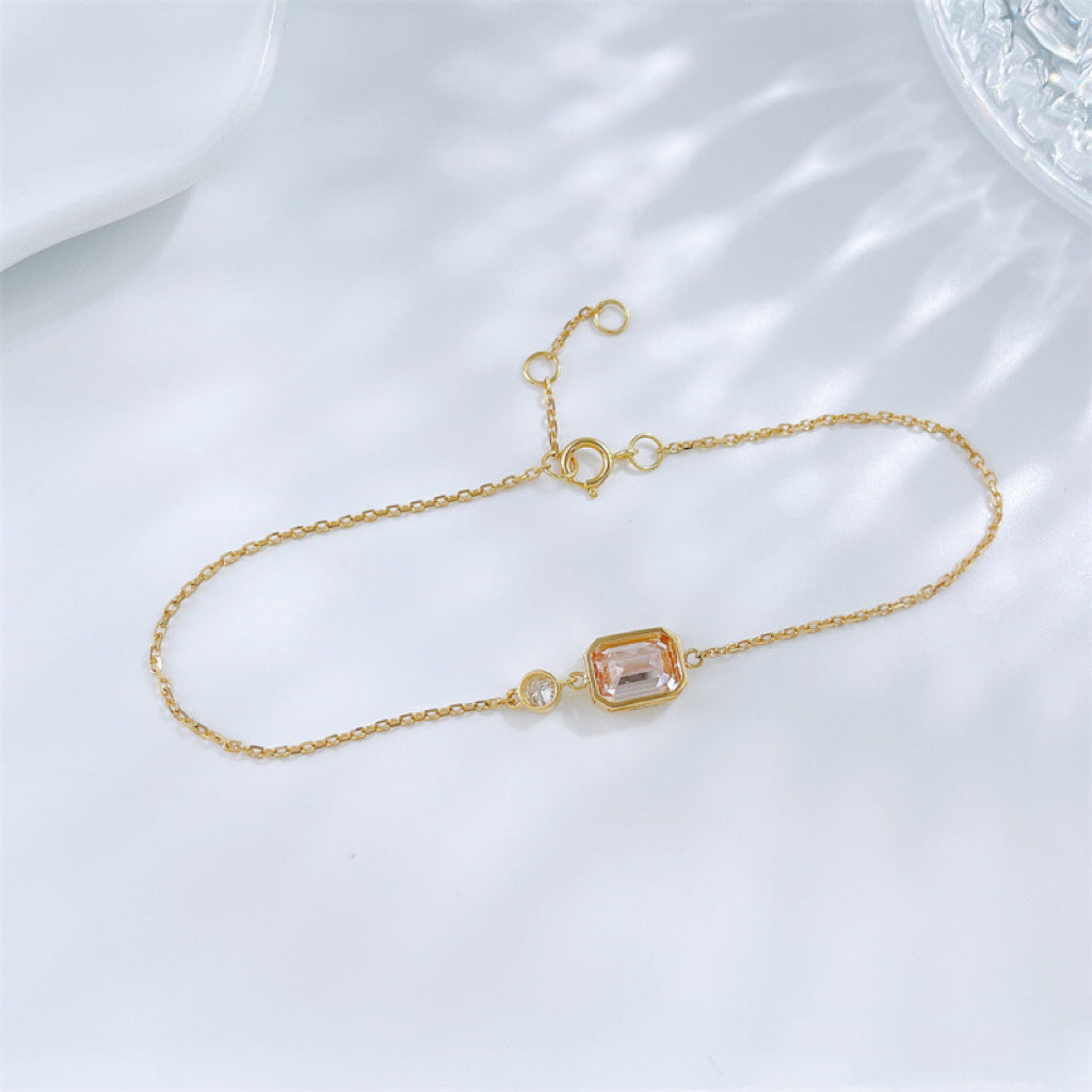 Emerald Cut Bezel Set Lab Grown Pink Diamond Two Stone Dainty Chain Bracelet| 18K Gold