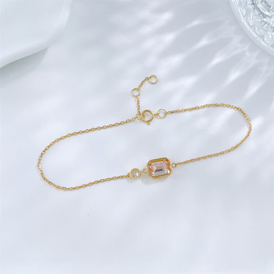 Emerald Cut Bezel Set Lab Grown Pink Diamond Two Stone Dainty Chain Bracelet| 18K Gold