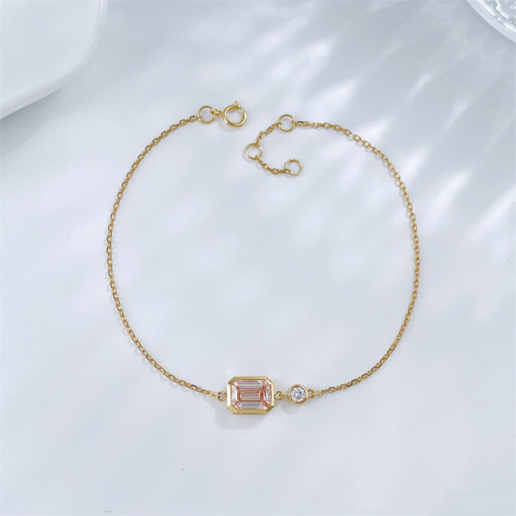 Emerald Cut Bezel Set Lab Grown Pink Diamond Two Stone Dainty Chain Bracelet| 18K Gold