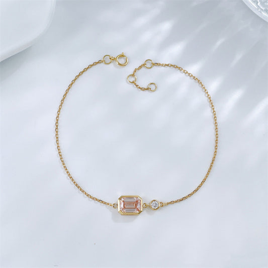 Emerald Cut Bezel Set Lab Grown Pink Diamond Two Stone Dainty Chain Bracelet| 18K Gold