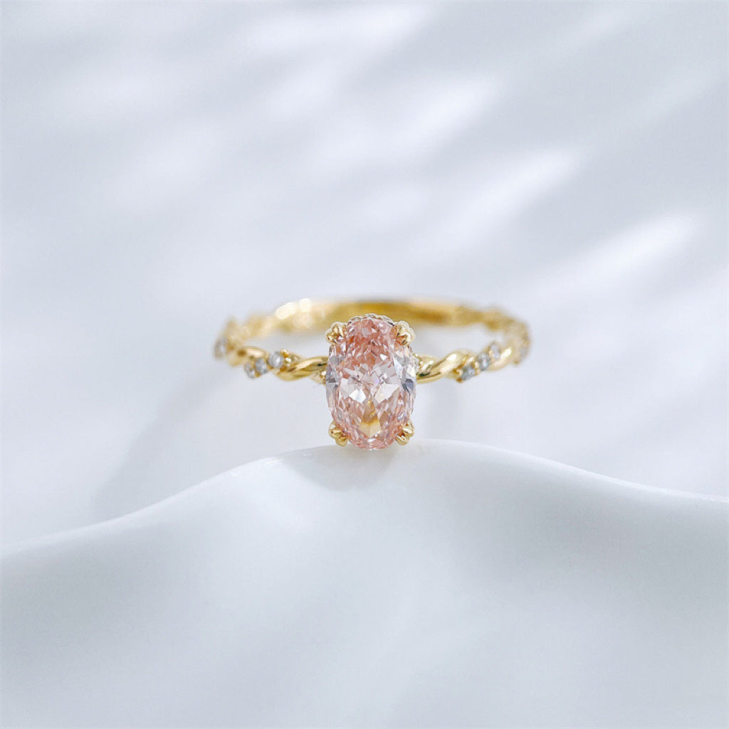 Oval Cut Lab Grown Pink Diamond Twisted Vine Accent Stone Solitaire Ring | 18K Gold
