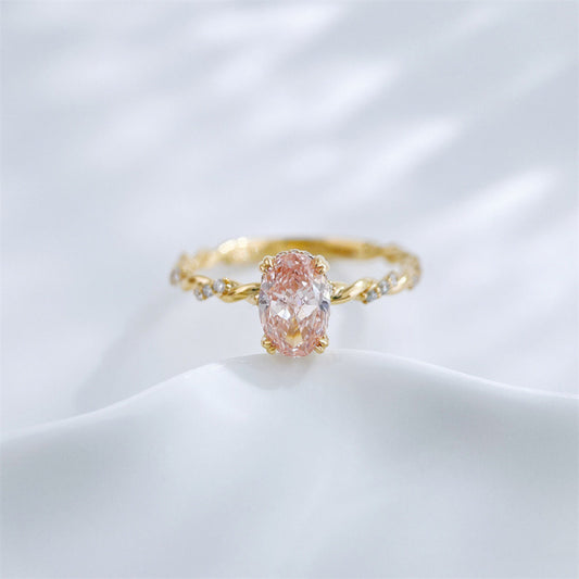 Oval Cut Lab Grown Pink Diamond Twisted Vine Accent Stone Solitaire Ring | 18K Gold