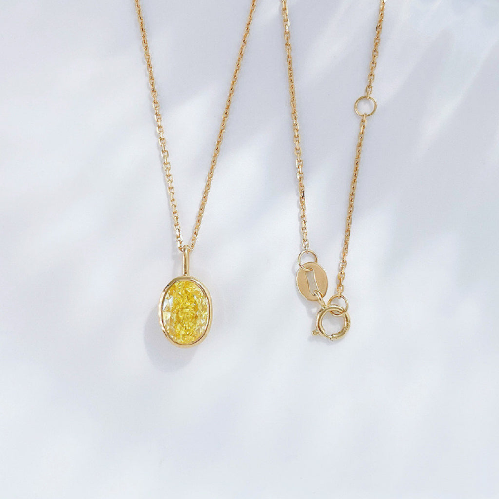 Oval Cut Bezel Set Lab Grown Yellow Diamond Pendant Necklace | 18K Solid Gold