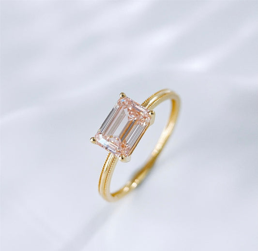 1 carat Emerald Cut Lab Grown Diamond Milgrain Edge Solitaire Ring | 18K Yellow Gold