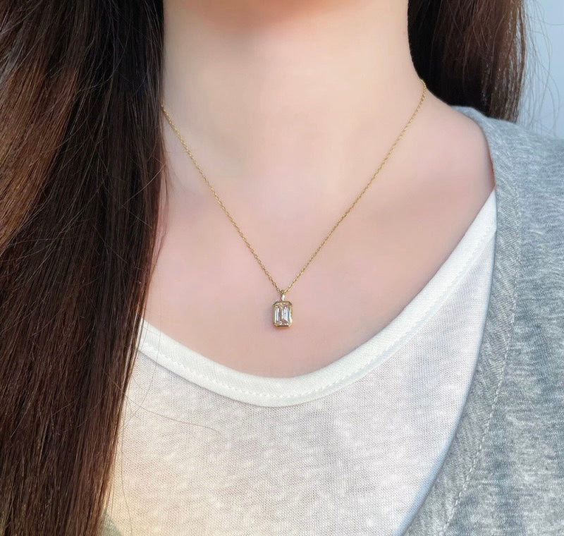 Emerald Cut Diamond Everyday Layering Solitaire Pendant | Quiet Luxury | 18K Gold