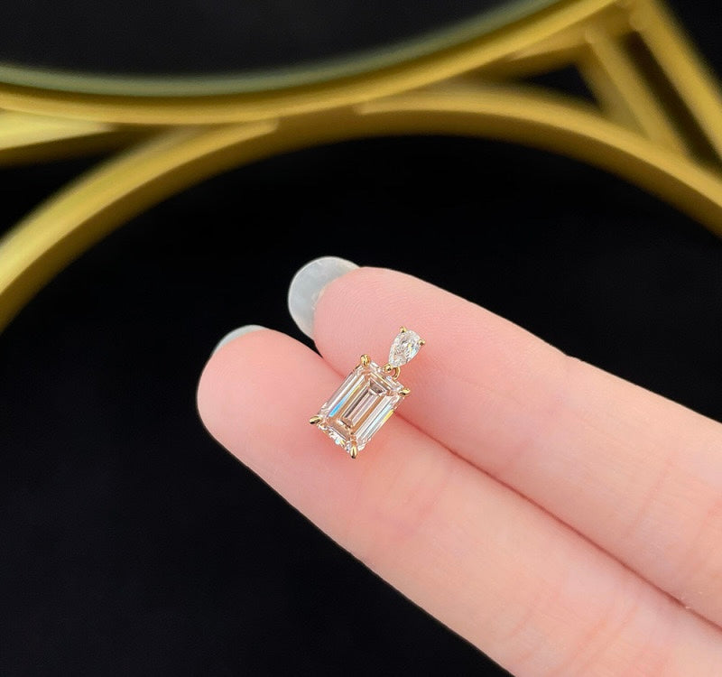 Emerald Cut Fancy Pink Lab Grown Diamond With Pear Accent Stone Minimalist Pendant | 18K Gold