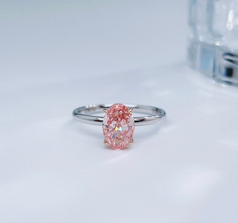 Two-Tone Oval Cut Fancy Pink Lab Grown Diamond Minimalist Solitaire Ring | 18K White & Rose Gold