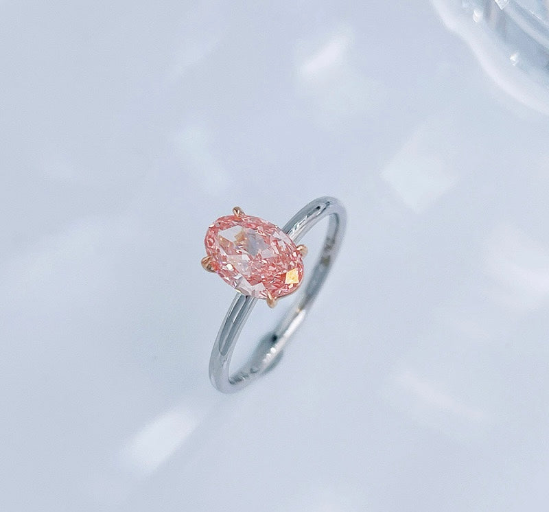 Two-Tone Oval Cut Fancy Pink Lab Grown Diamond Minimalist Solitaire Ring | 18K White & Rose Gold