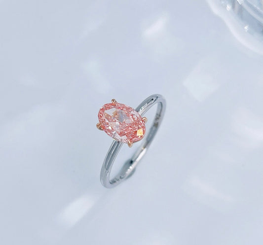 Two-Tone Oval Cut Fancy Pink Lab Grown Diamond Minimalist Solitaire Ring | 18K White & Rose Gold
