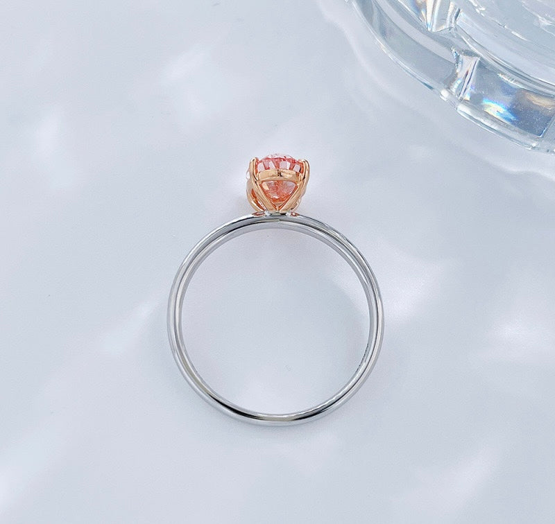 Two-Tone Oval Cut Fancy Pink Lab Grown Diamond Minimalist Solitaire Ring | 18K White & Rose Gold