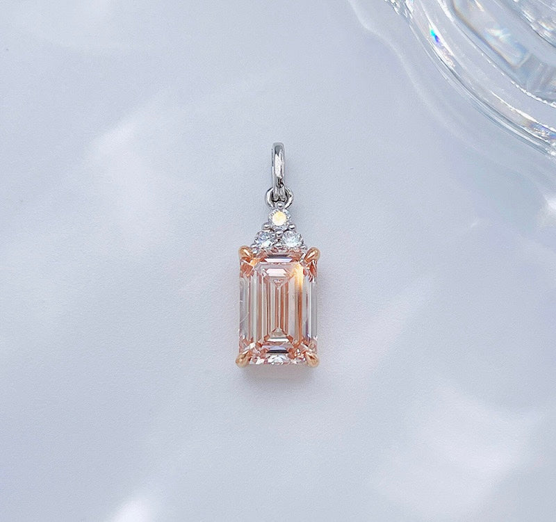 Two-Tone Emerald Cut Fancy Pink Lab Grown Diamond With Round Accent Stones Minimalist Pendant | 18K White & Rose Gold