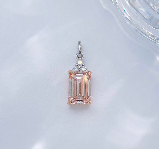 Two-Tone Emerald Cut Fancy Pink Lab Grown Diamond With Round Accent Stones Minimalist Pendant | 18K White & Rose Gold