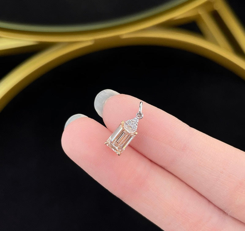 Two-Tone Emerald Cut Fancy Pink Lab Grown Diamond With Round Accent Stones Minimalist Pendant | 18K White & Rose Gold