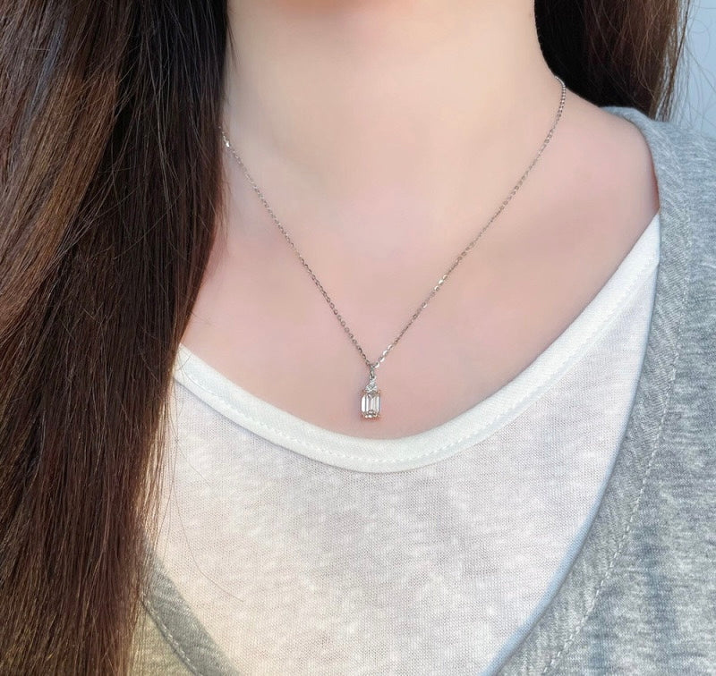 Two-Tone Emerald Cut Fancy Pink Lab Grown Diamond With Round Accent Stones Minimalist Pendant | 18K White & Rose Gold