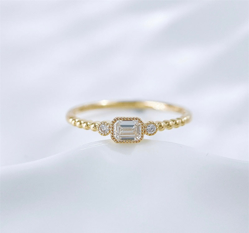 Emerald Cut Lab Grown Diamond With Round Accent Stones Beaded Band Stackable Ring | 18K Yellow Gold
