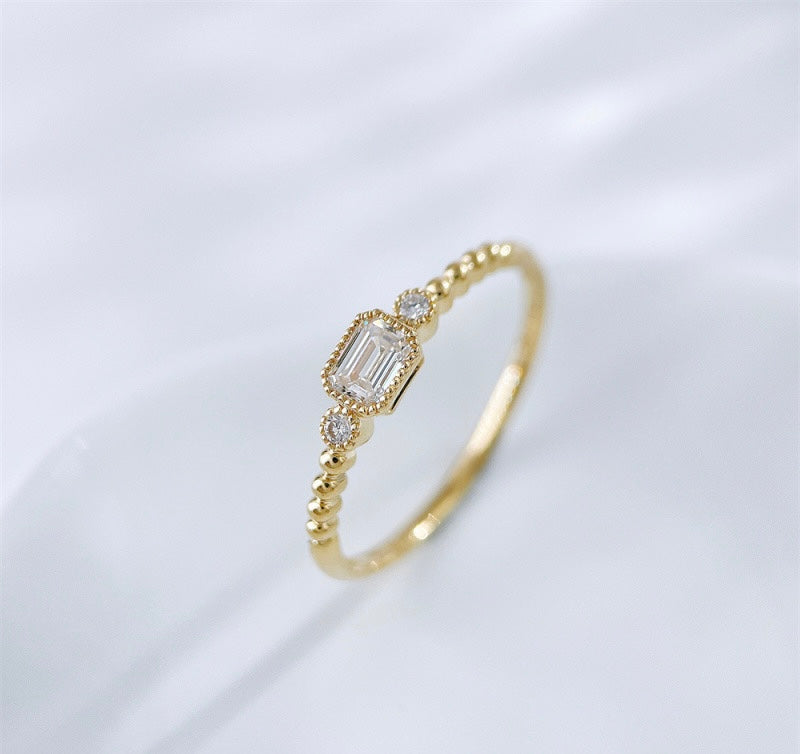 Emerald Cut Lab Grown Diamond With Round Accent Stones Beaded Band Stackable Ring | 18K Yellow Gold