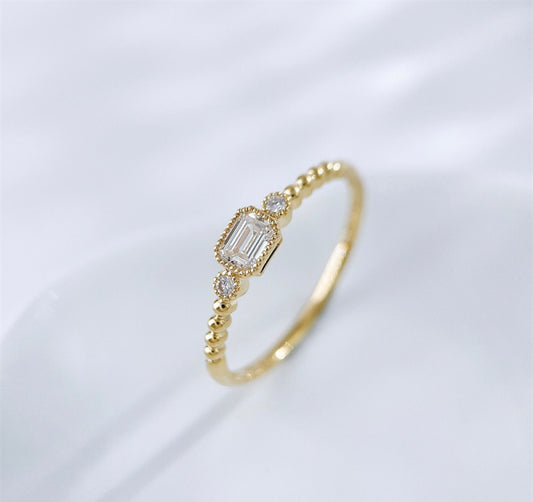 Emerald Cut Lab Grown Diamond With Round Accent Stones Beaded Band Stackable Ring | 18K Yellow Gold