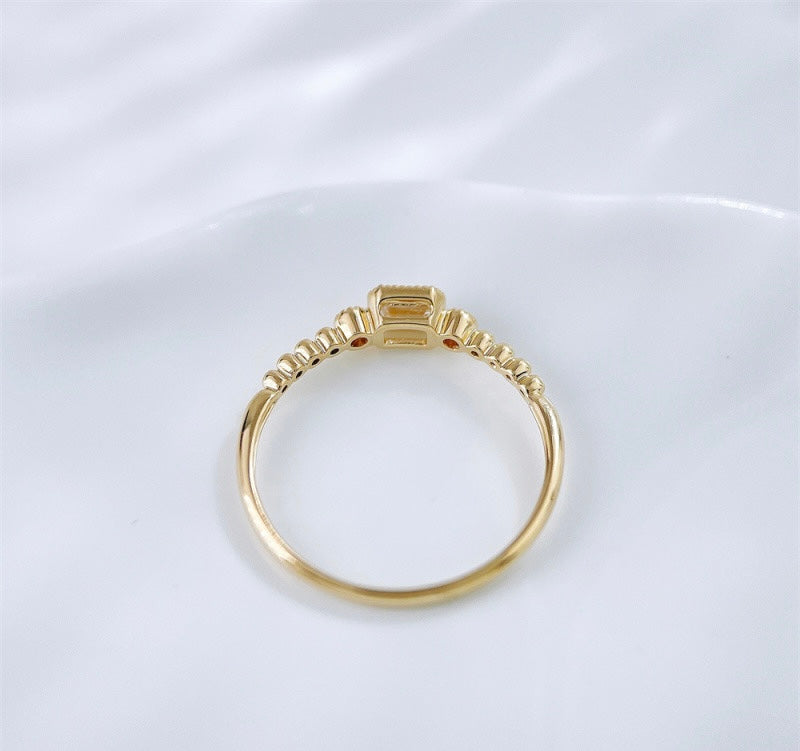 Emerald Cut Lab Grown Diamond With Round Accent Stones Beaded Band Stackable Ring | 18K Yellow Gold