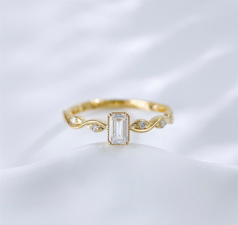 Emerald Cut Lab Grown Diamond With Vine Twist Accent Stones Stackable Ring | 18K Gold