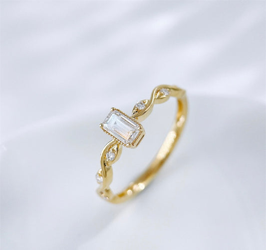 Emerald Cut Lab Grown Diamond With Vine Twist Accent Stones Stackable Ring | 18K Gold