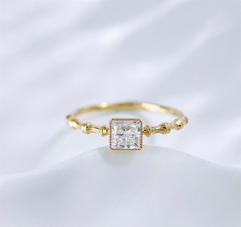 Princess Cut Lab Grown Diamond Bamboo Textured Band Minimalist Stackable Ring | 18K Yellow Gold