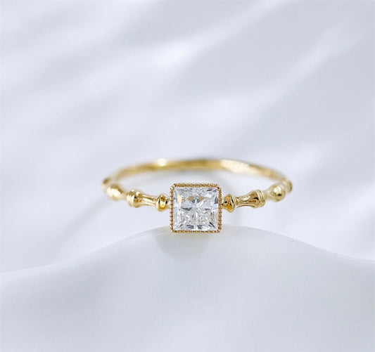 Princess Cut Lab Grown Diamond Bamboo Textured Band Minimalist Stackable Ring | 18K Yellow Gold