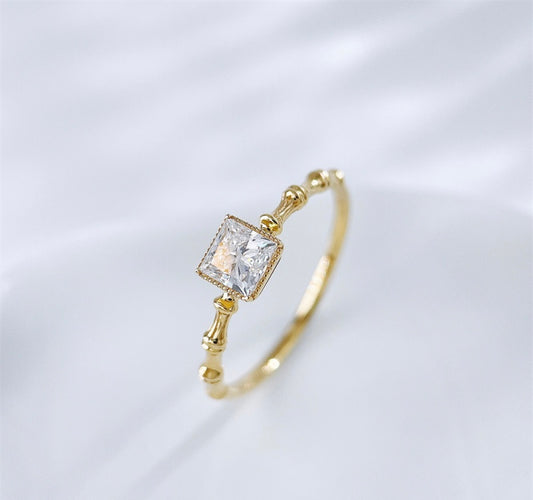 Princess Cut Lab Grown Diamond Bamboo Textured Band Minimalist Stackable Ring | 18K Yellow Gold