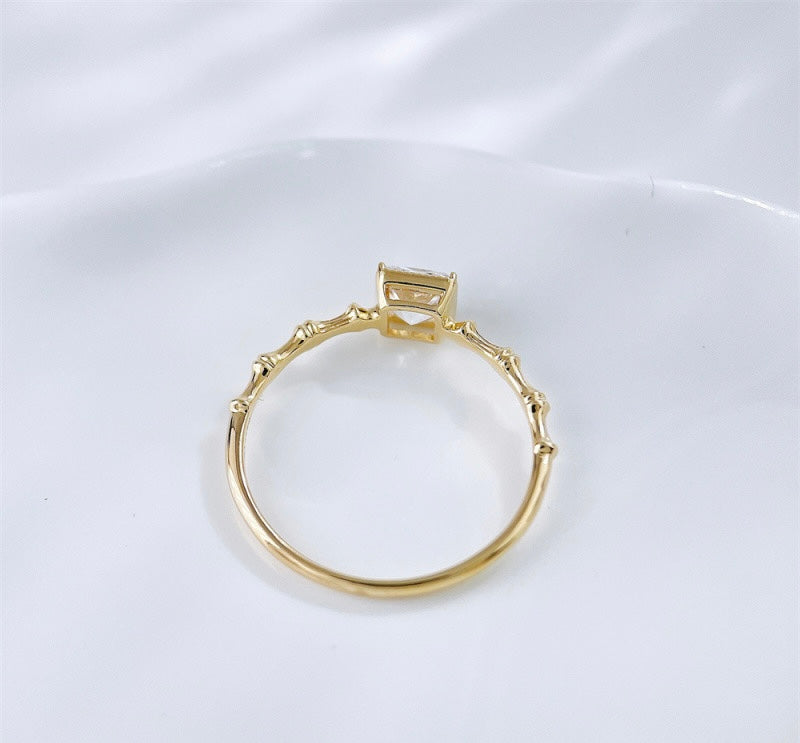 Princess Cut Lab Grown Diamond Bamboo Textured Band Minimalist Stackable Ring | 18K Yellow Gold