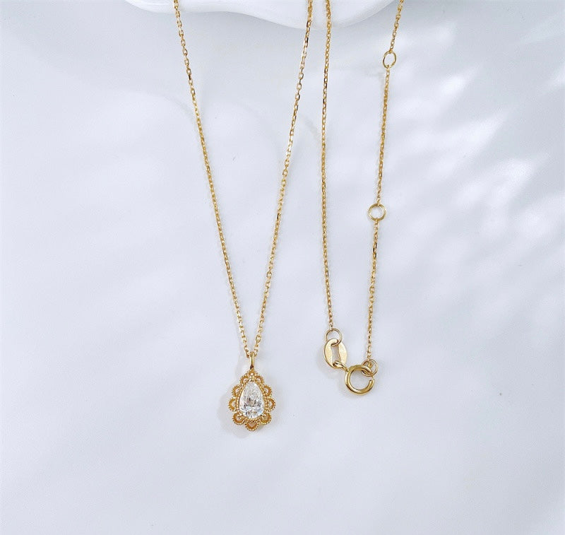 Vintage Filigree Pear Shape Lab Grown Diamond Solitaire Necklace | 18K Gold