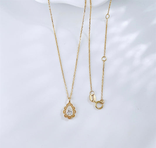 Vintage Filigree Pear Shape Lab Grown Diamond Solitaire Necklace | 18K Gold