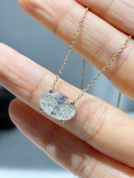 3 Carat Oval Lab Grown Diamond East West Pendant Necklace | Four Prong | 18K Solid Gold
