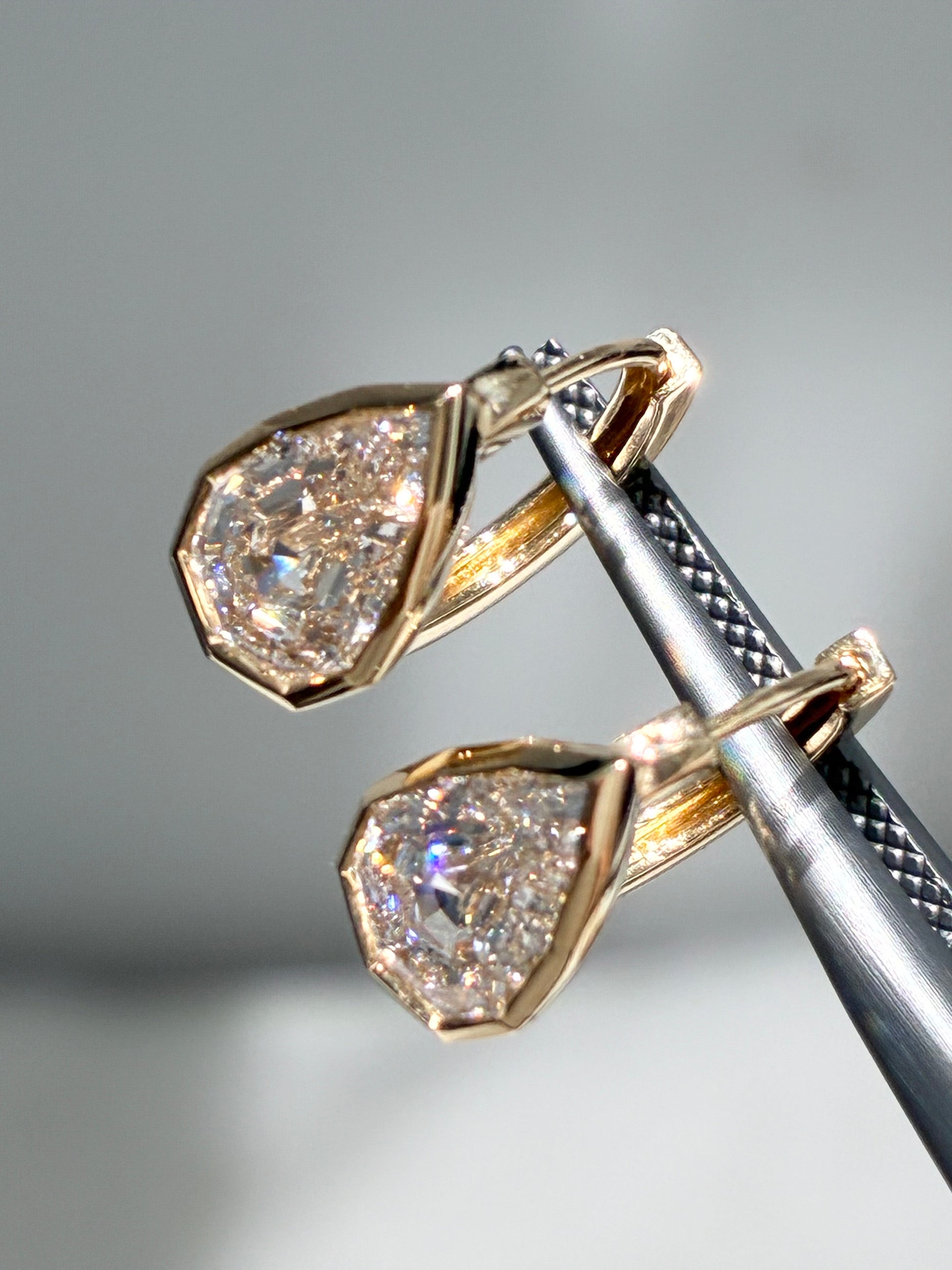 Pear Step Cut Lab Grown Diamond Bezel Drop Earrings | Solid 18K Yellow Gold Handcrafted Geometric Dangle Earrings